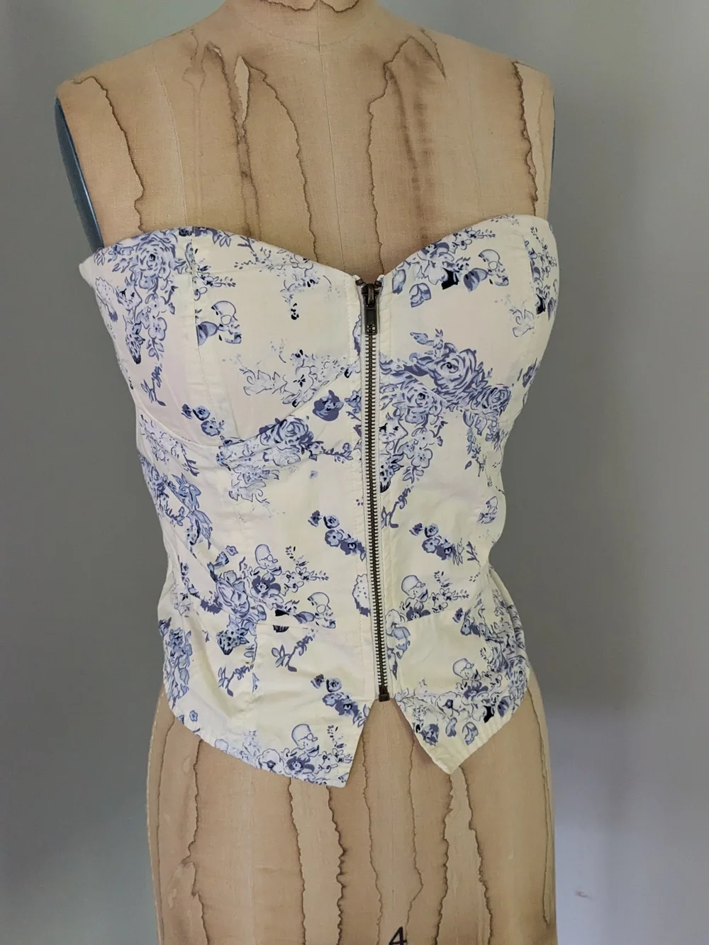 Floral Strapless Zip-Front Bustier Top - Blue on Cream